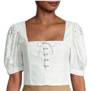 Alice + Olivia Cropped White Eyelet Crichet Lace-Up Women's Top. Size Large